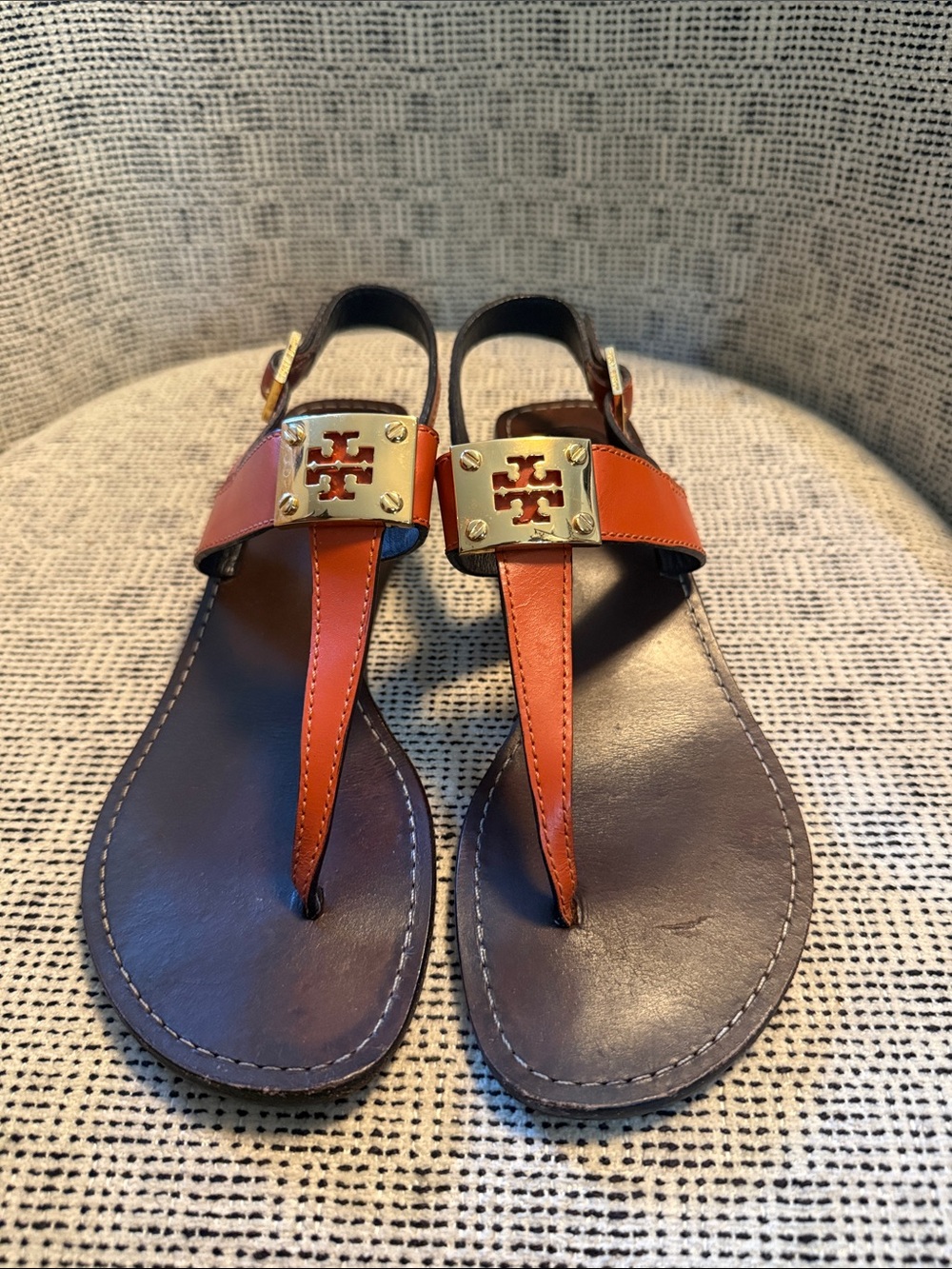 Tory Burch Orange and Brown Leather Slingback Sandals with Gold Logo